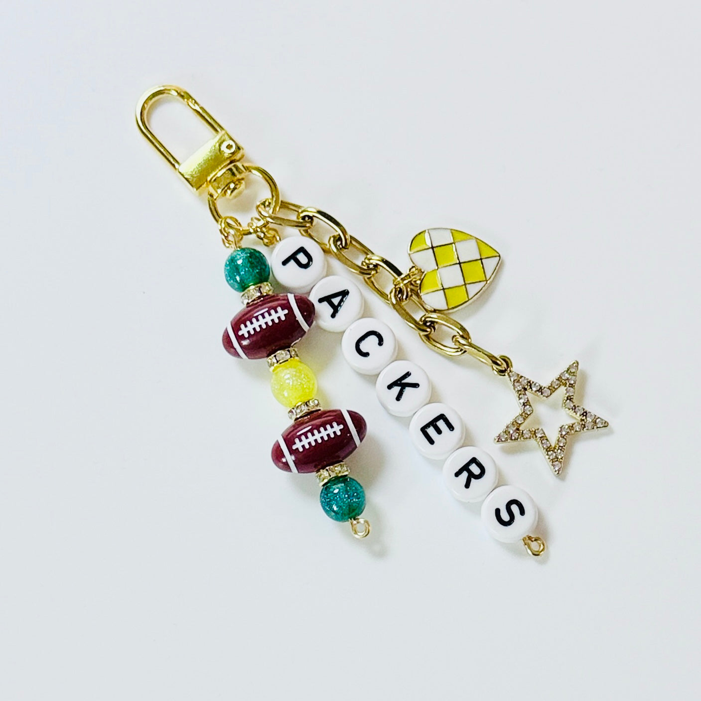 Packers Football Beaded Keychain: Gold Bag Charm with Heart and Star