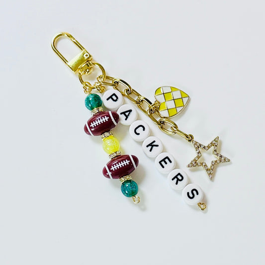 Packers Football Beaded Keychain: Gold Bag Charm with Heart and Star