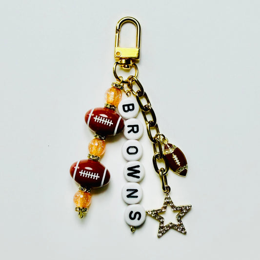 Browns Football Beaded Keychain – Gold Bag Charm with Letter Beads, Football Beads, & Enamel Football Charm