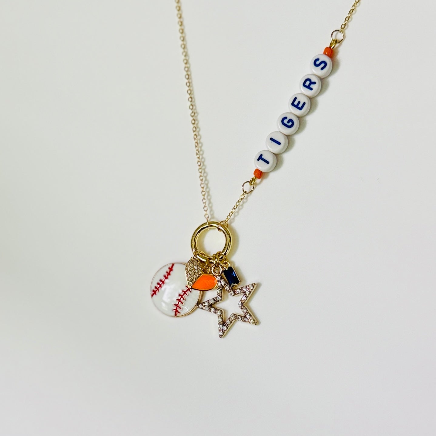 Tigers Baseball Charm Necklace – Orange and Navy Beaded Jewelry, Detroit Fan Gift, Handmade Game Day Accessory