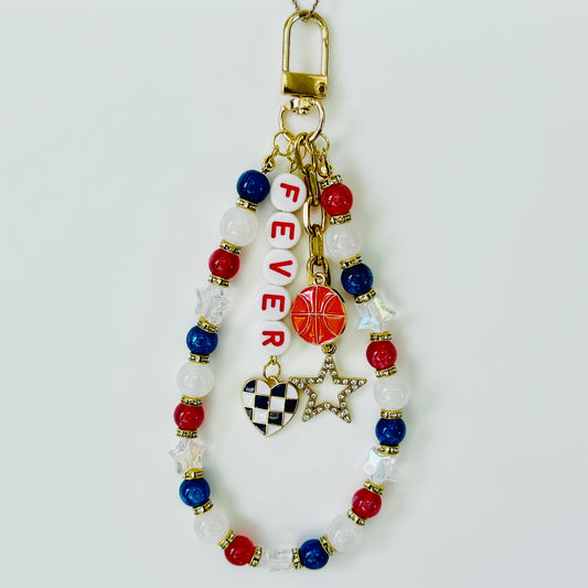 Fever, Women’s Basketball, Red, White, Blue Bag Charm – 6.5” Beaded Keychain with Charms, Sports Bag Accessory, Handmade Resin Beads