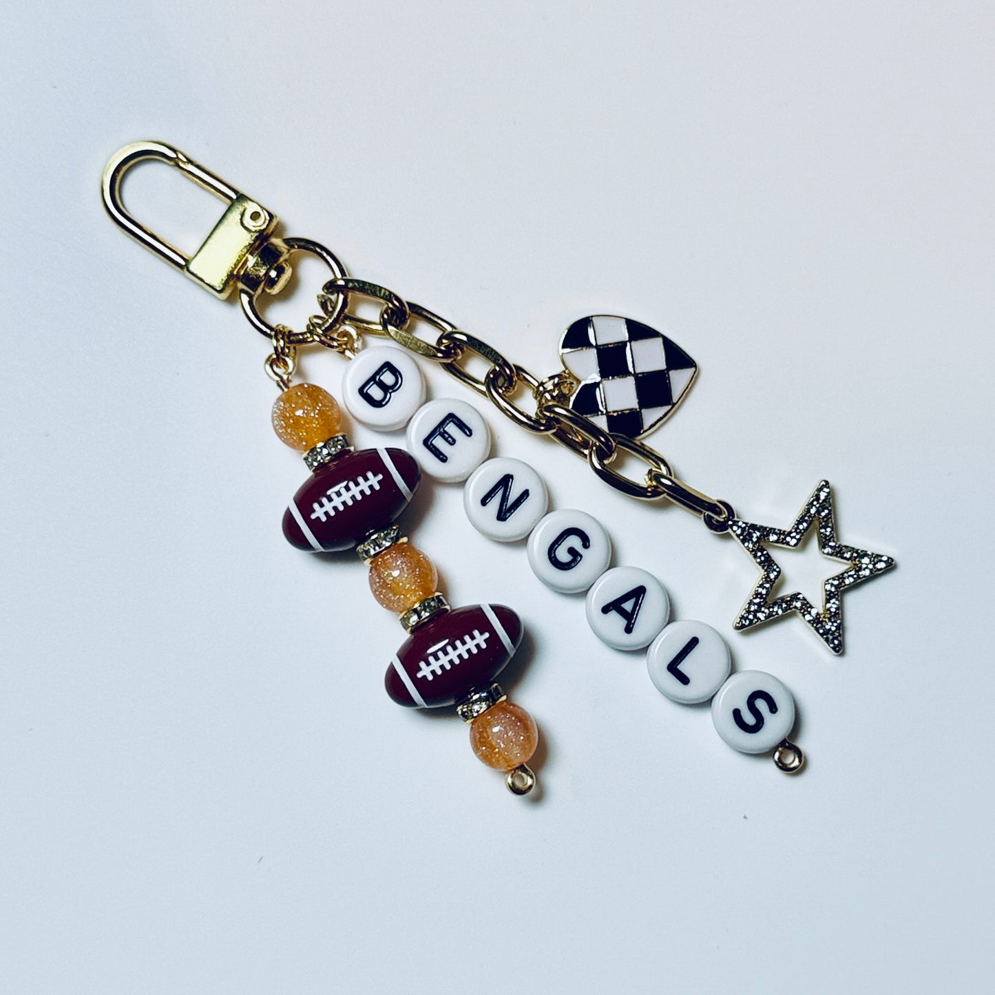 Bengals Football Beaded Keychain: Gold Bag Charm with Enamel Heart and Star