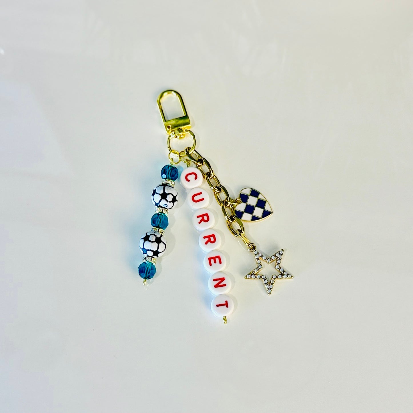 Current Soccer Bag Charm: Teal and Red Beaded Keychain, Gold Keychain with Star and Heart Charms