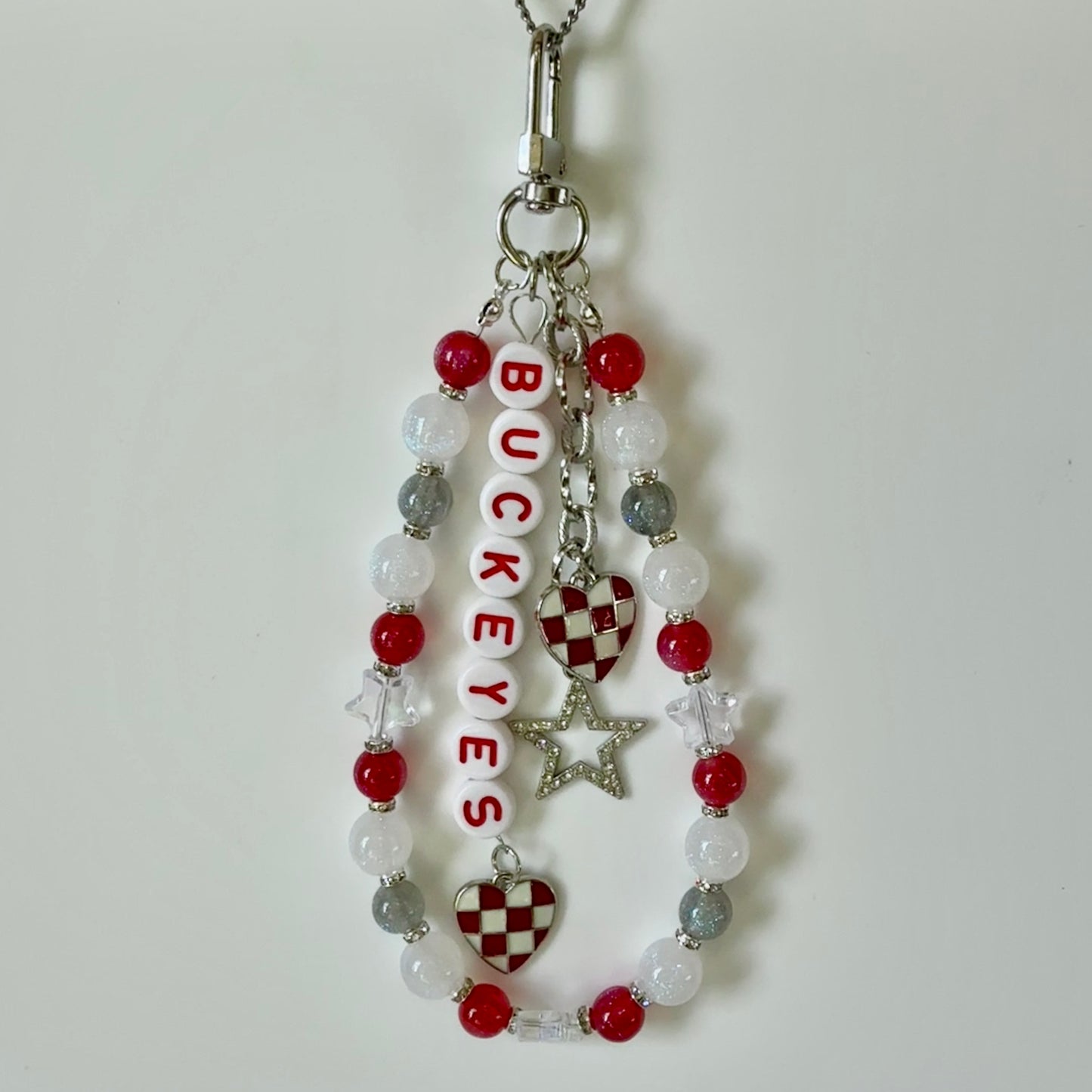 Buckeyes College Football Bag Charm – Red, White & Gray Beaded Keychain with Charms – Game Day Purse Clip – Handmade Gift