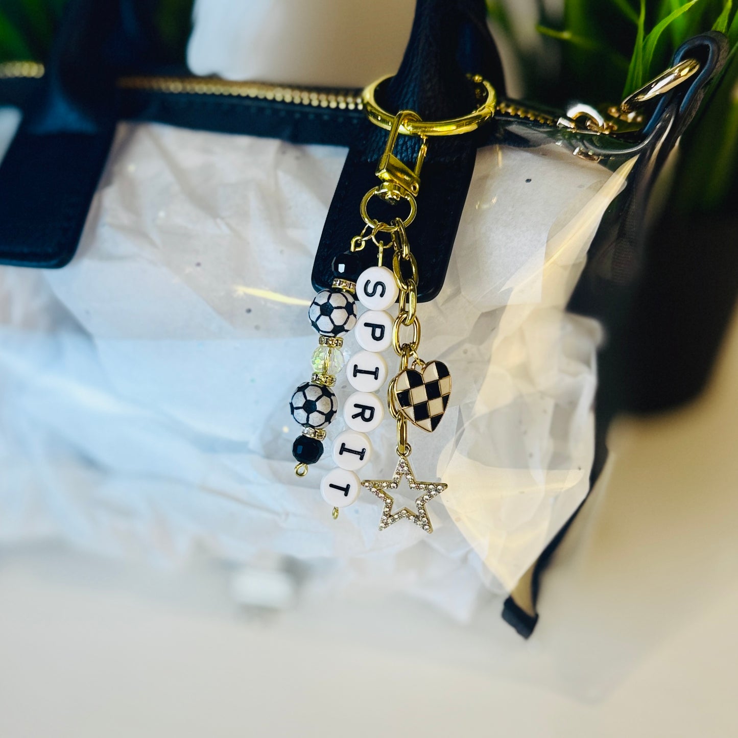 Spirit Soccer Bag Charm: Clear and Black Beaded Keychain, Gold Keychain with Star and Heart Charms