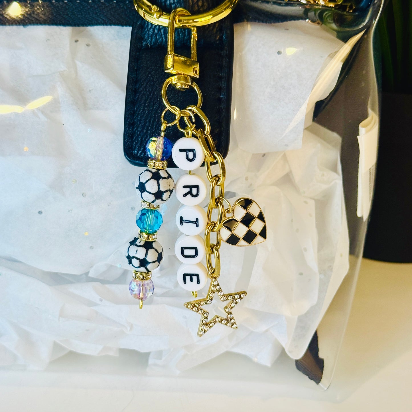 Women's Soccer Bag Charm Beaded Keychain: Custom Team and Colors with Gold Star Charm, Soccer Beads