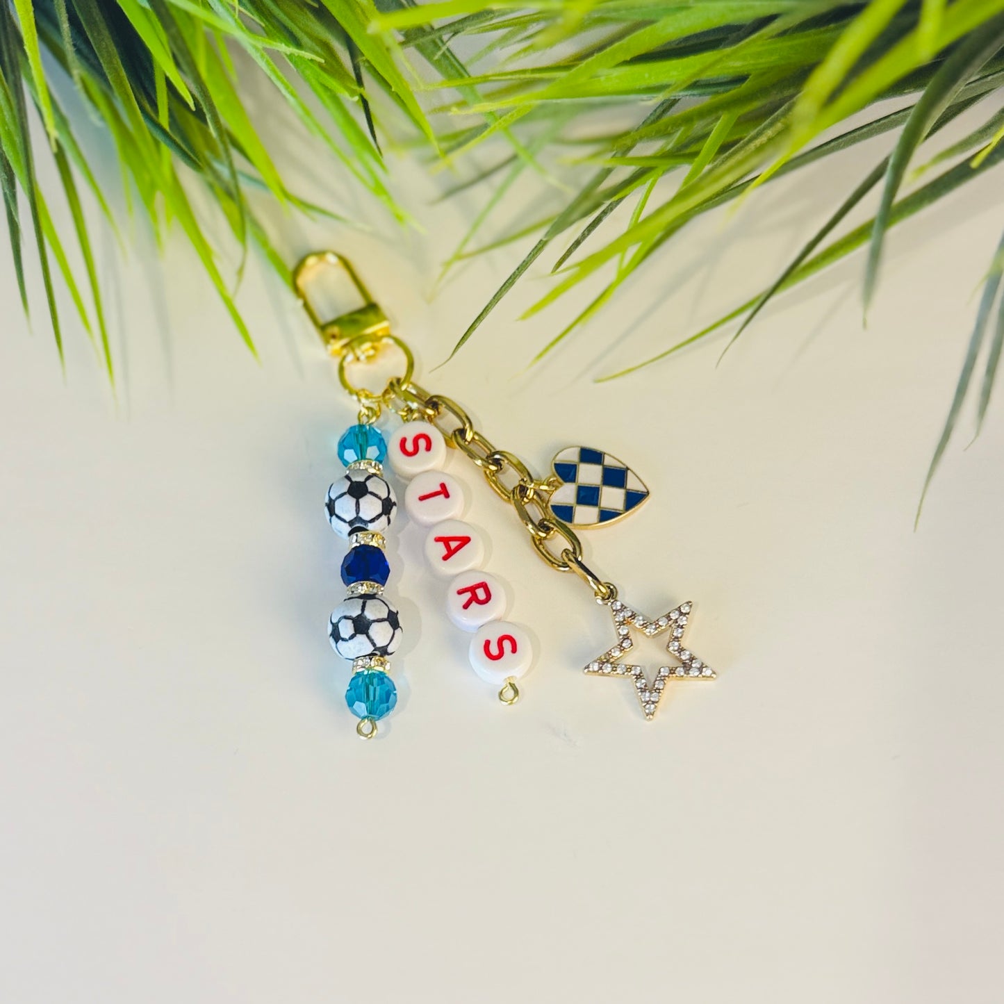 Stars Soccer Bag Charm: Blue and Red Beaded Keychain, Gold Keychain with Star and Heart Charms