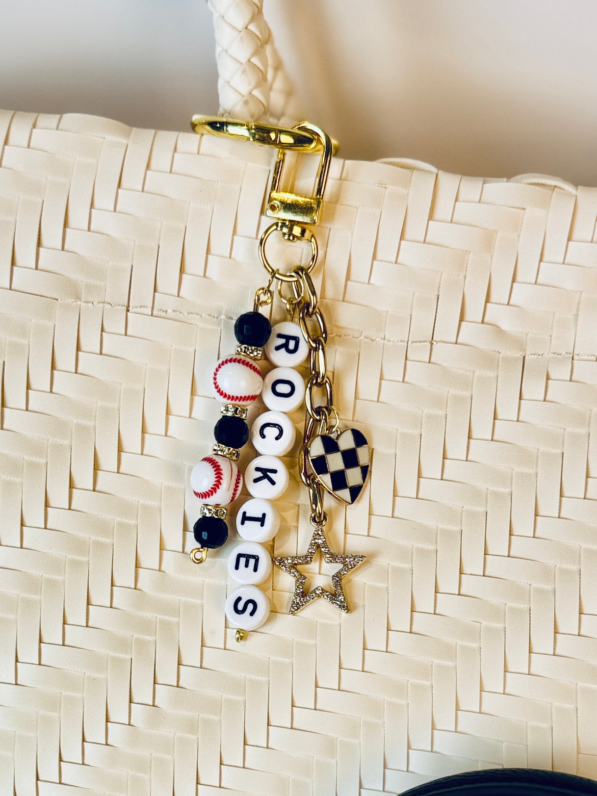 Baseball Beaded Bag Charm: Baseball Keychain with Letter Beads