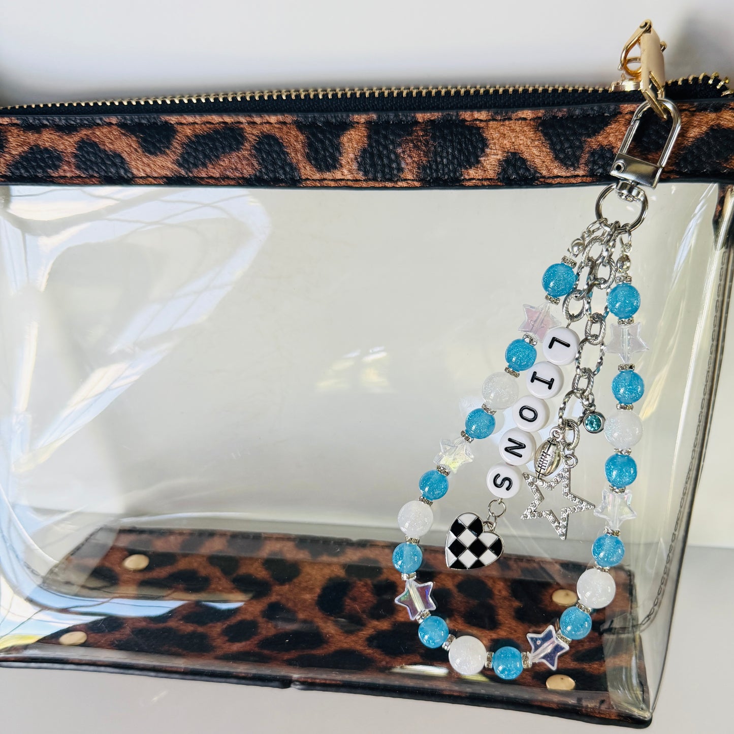 Lions Beaded Bag Charm or Silver Chain – Blue & White Football Purse Accessory, 6” Charm, 12.5” Chain, Game Day Bag Jewelry