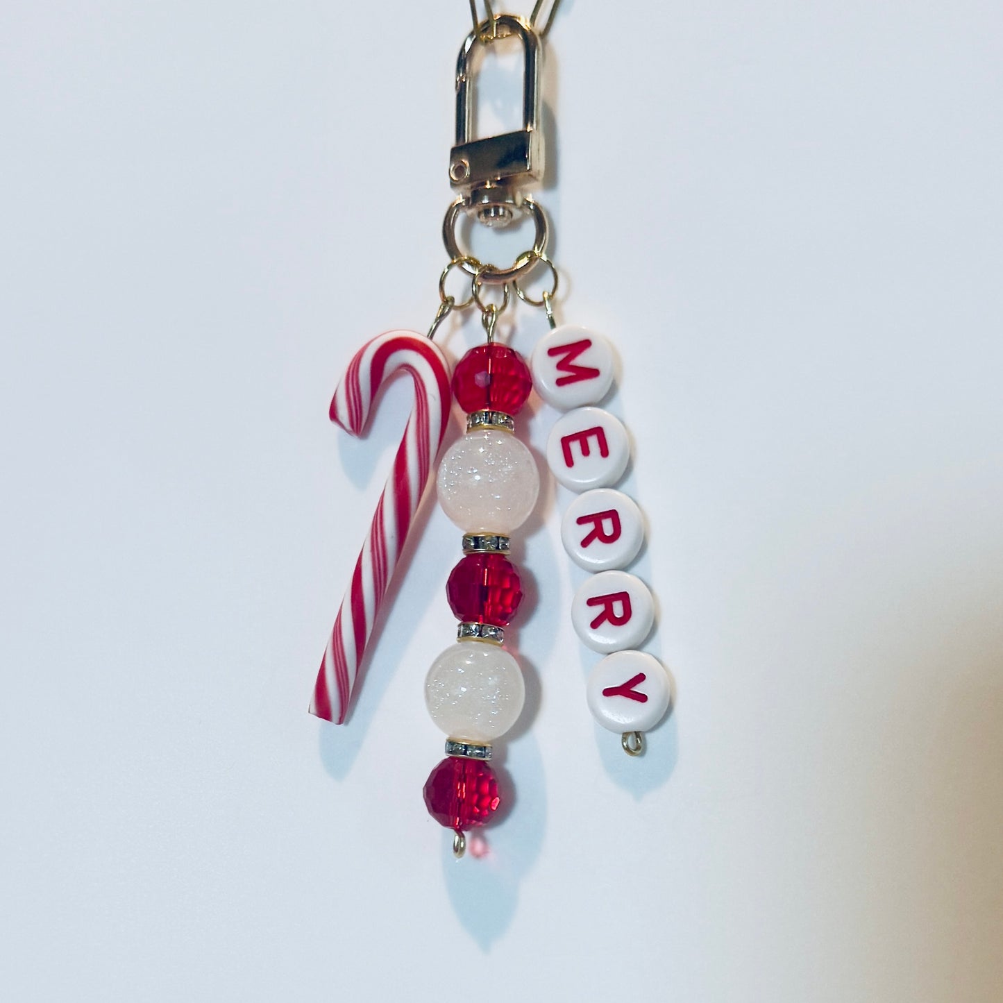 Merry Bag Charm: Christmas Candy Cane Charm with Red and White Beads Keychain