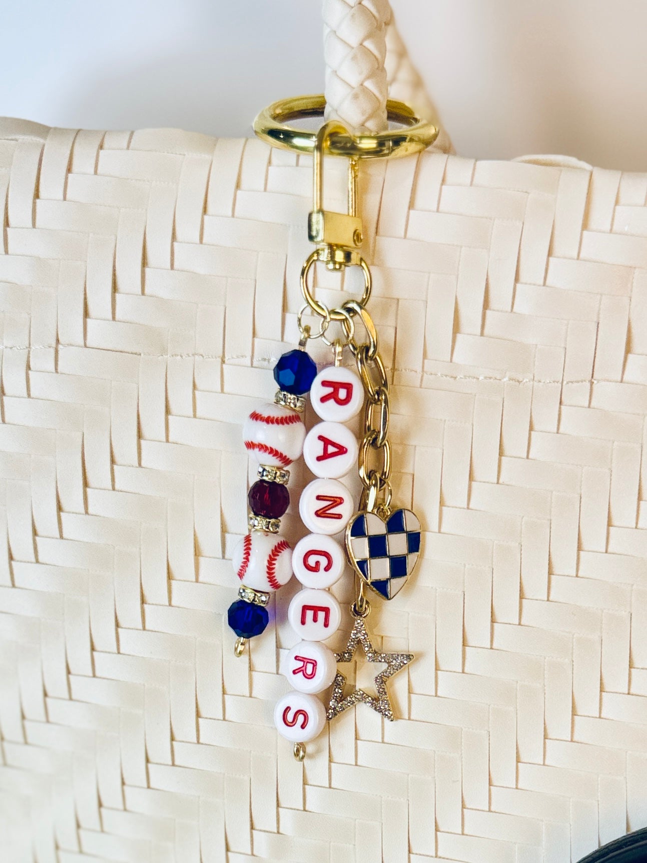 Baseball Beaded Bag Charm: Baseball Keychain with Letter Beads