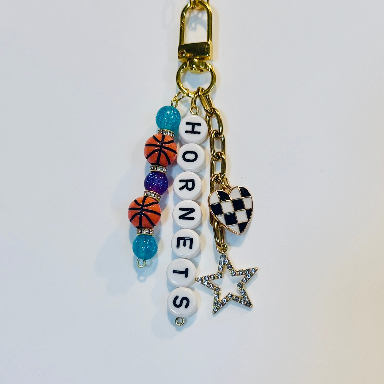 Hornets Basketball Keychain – Gold, Teal, Purple and White Beaded Keychain with Star and Heart Charms