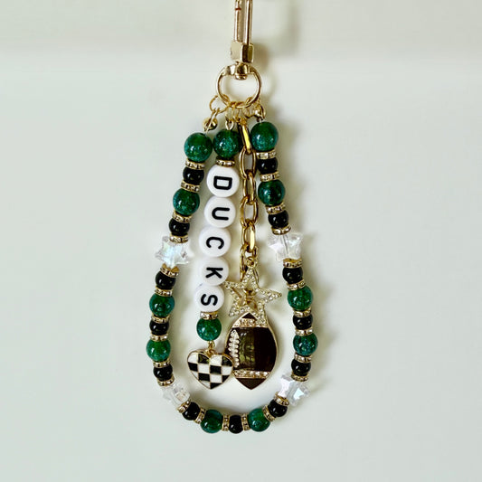 Ducks College Football Bag Charm – Red, Black & White Beaded Keychain with Charms – Game Day Purse Clip – Handmade Spirit Gift