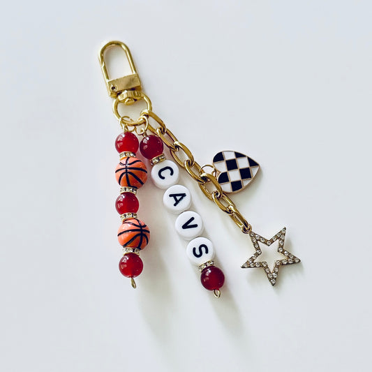 Cavaliers Basketball Keychain – Gold, Red Beaded Keychain with Star and Heart Charms