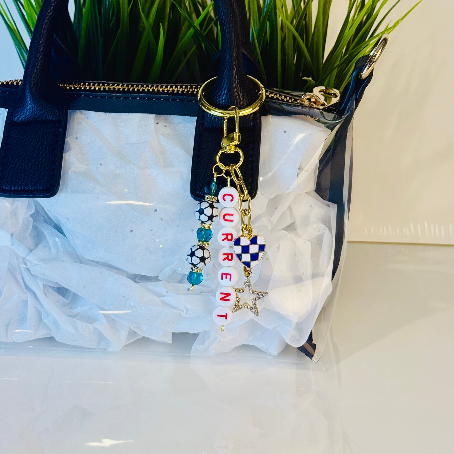 Current Soccer Bag Charm: Teal and Red Beaded Keychain, Gold Keychain with Star and Heart Charms