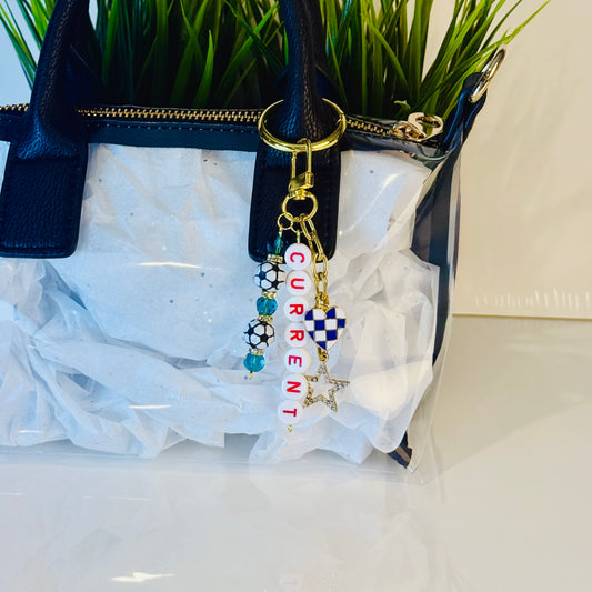 Current Soccer Bag Charm: Teal and Red Beaded Keychain, Gold Keychain with Star and Heart Charms