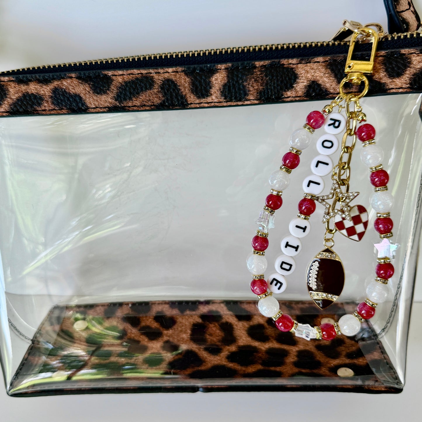 Roll Tide Football Bag Charm – Crimson & White Beaded Keychain with Charms – Game Day Purse Clip – Handmade College Gift