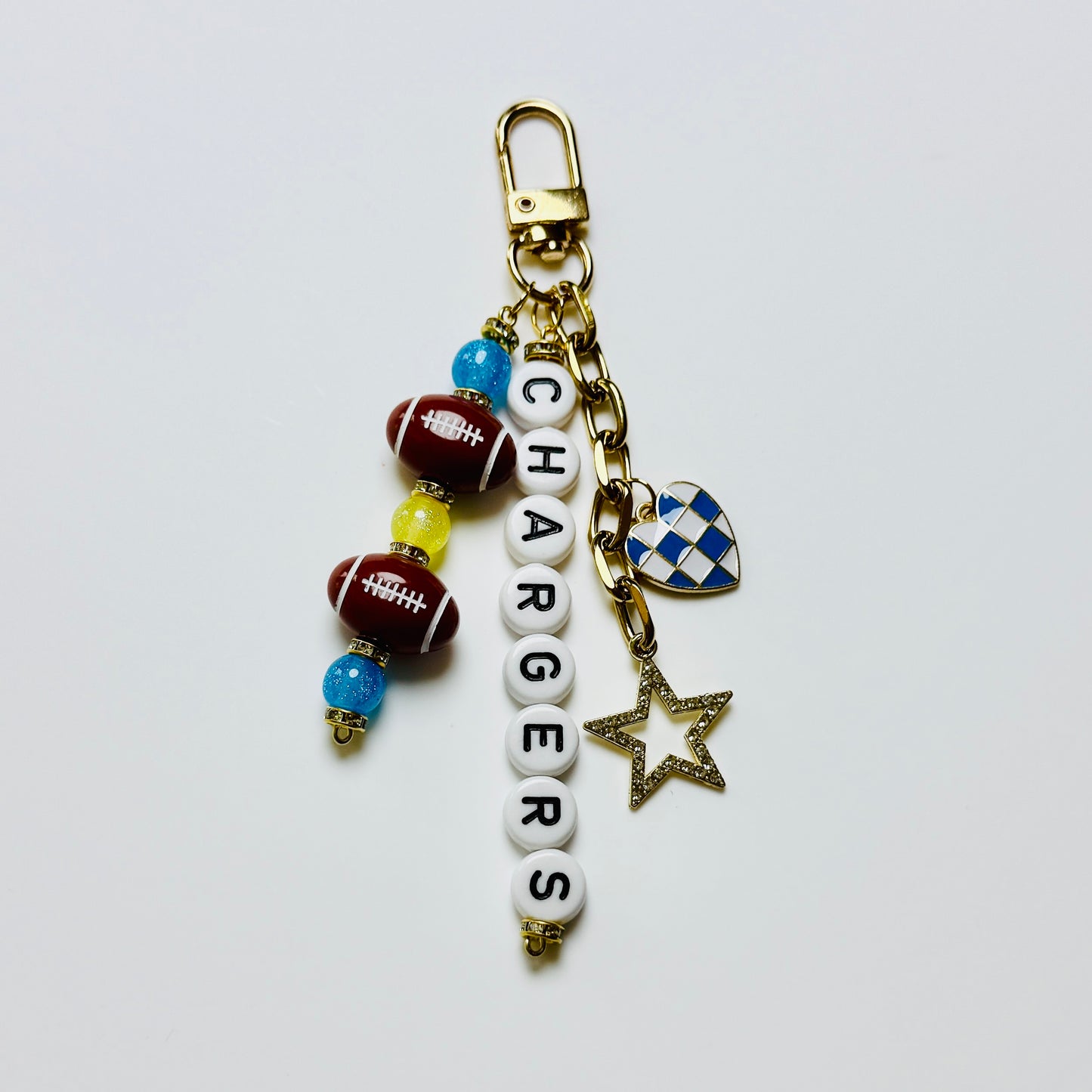 Chargers Football Beaded Keychain – Gold Bag Charm with Letter Beads, Football Beads, & Enamel Heart