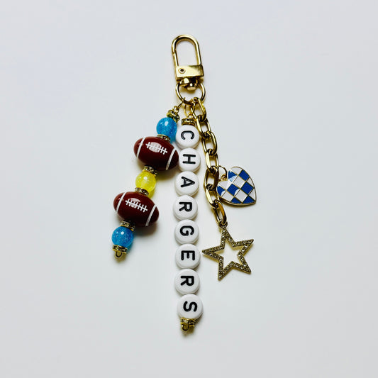 Chargers Football Beaded Keychain – Gold Bag Charm with Letter Beads, Football Beads, & Enamel Heart