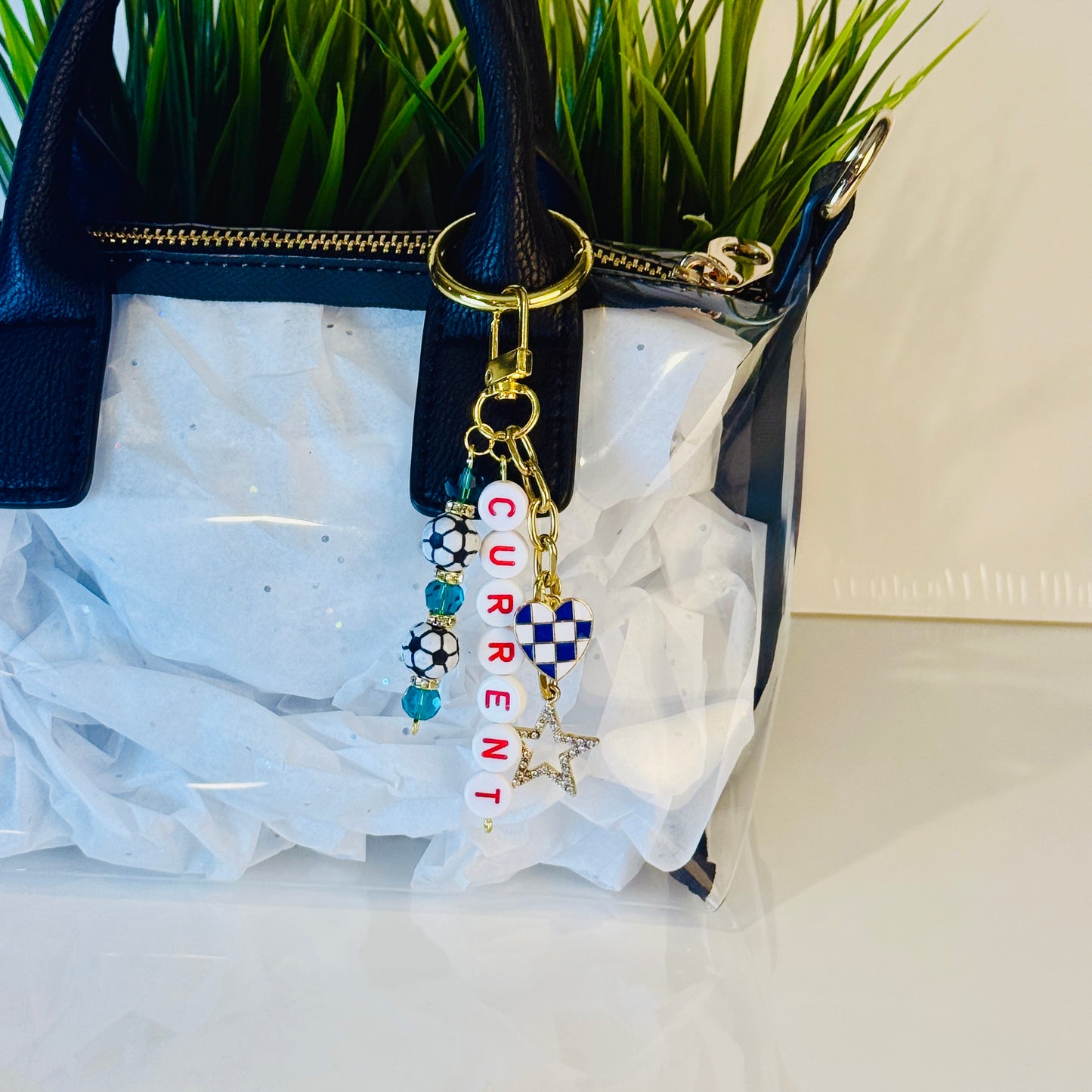 Women's Soccer Bag Charm Beaded Keychain: Custom Team and Colors with Gold Star Charm, Soccer Beads