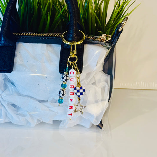 Women's Soccer Bag Charm Beaded Keychain: Custom Team and Colors with Gold Star Charm, Soccer Beads