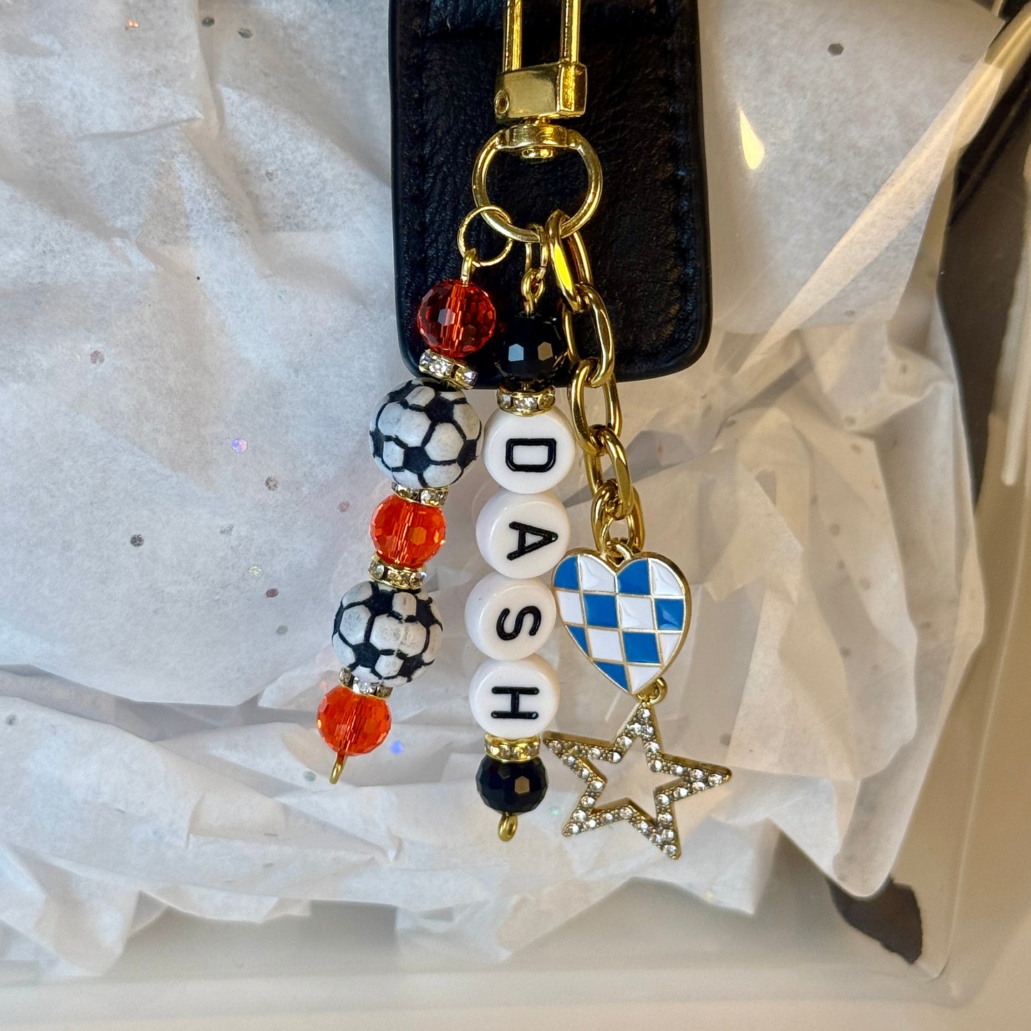Women's Soccer Bag Charm Beaded Keychain: Custom Team and Colors with Gold Star Charm, Soccer Beads