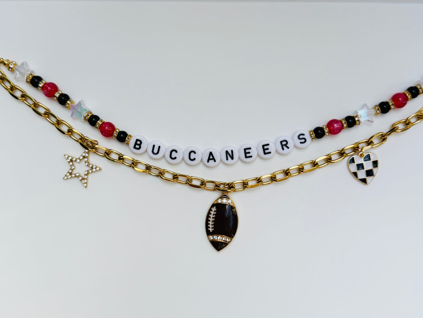 Buccaneers Beaded Bag Charm or Gold Chain:  Football Purse Accessory