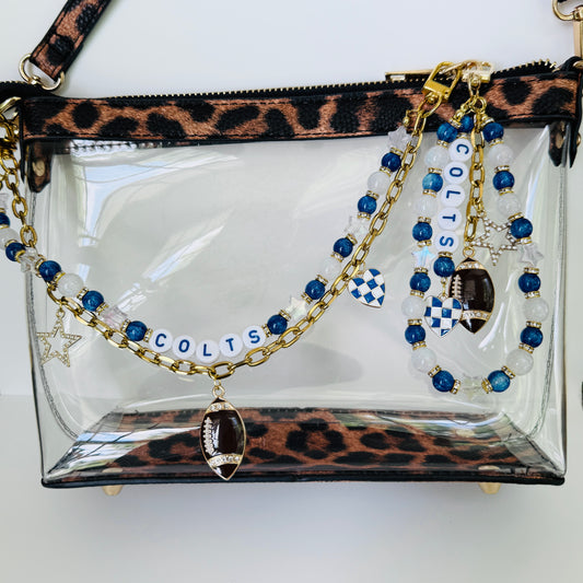 Colts Football Bag Charm or Chain – Blue & White Beaded Purse Accessory or Keychain – Game Day Stadium Bag Clip – Handmade Gift