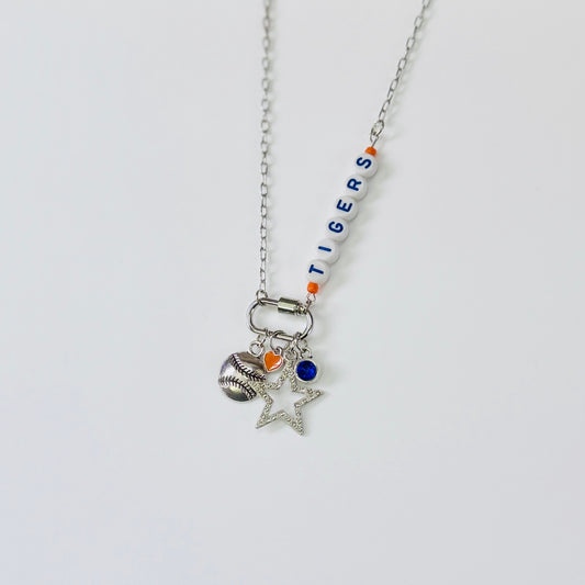 Tigers Baseball Charm Necklace – Orange and Navy Beaded Jewelry, Detroit Fan Gift, Handmade Game Day Accessory