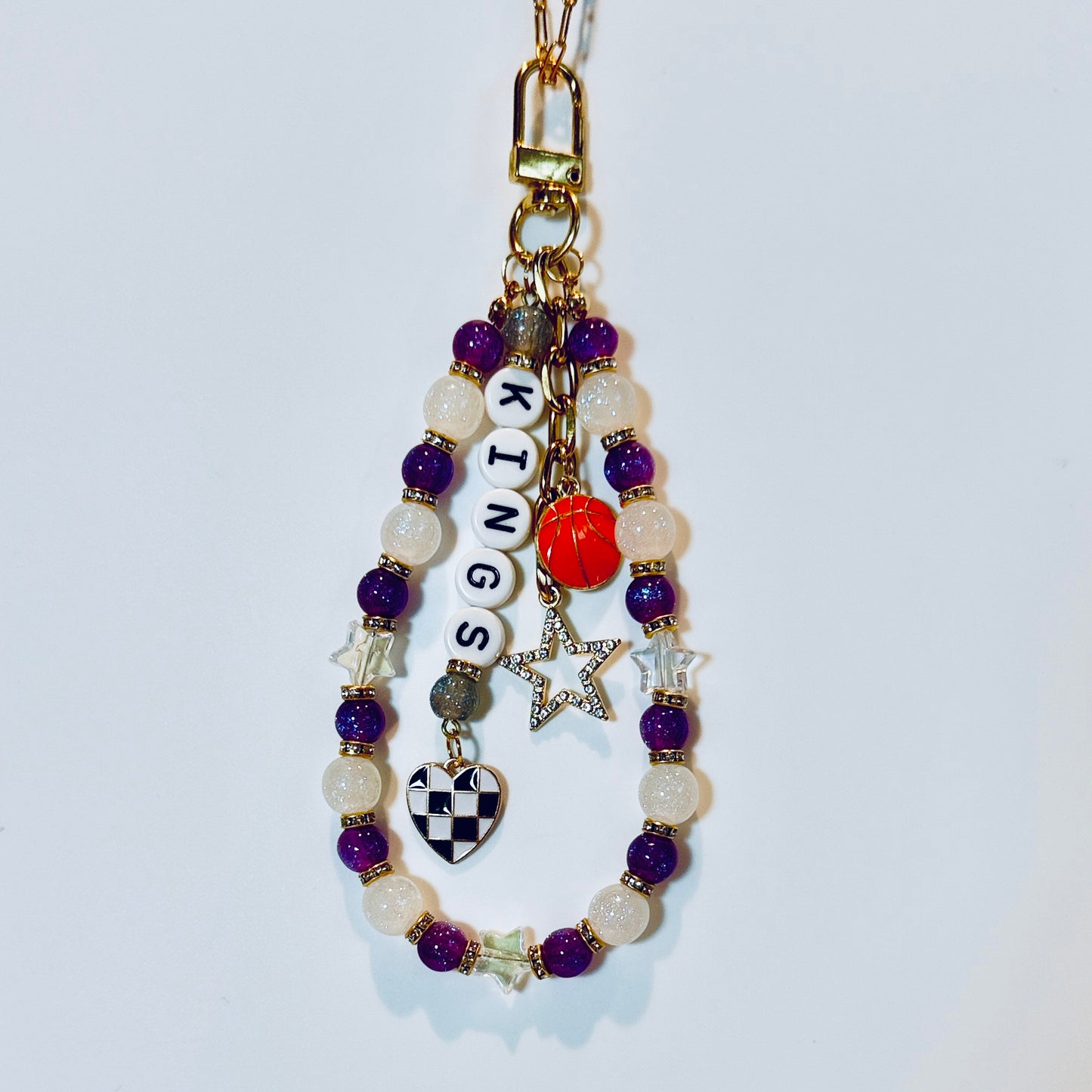 Kings Basketball Bag Charm: Handmade Purple and White Beaded Keychain with Charms