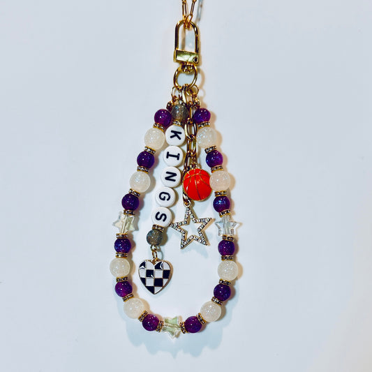 Kings Basketball Bag Charm: Handmade Purple and White Beaded Keychain with Charms