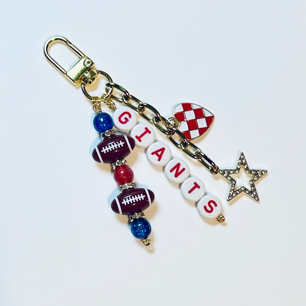 Giants Football Beaded Keychain: Gold Bag Charm with Enamel Heart and Star