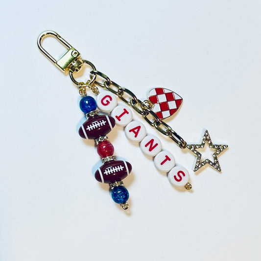 Giants Football Beaded Keychain: Gold Bag Charm with Enamel Heart and Star