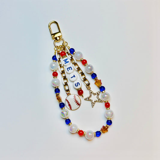 Mets Baseball Bag Charm – Handmade Beaded Keychain for NY Fans, Baseball Gift for Her, Game Day Accessory