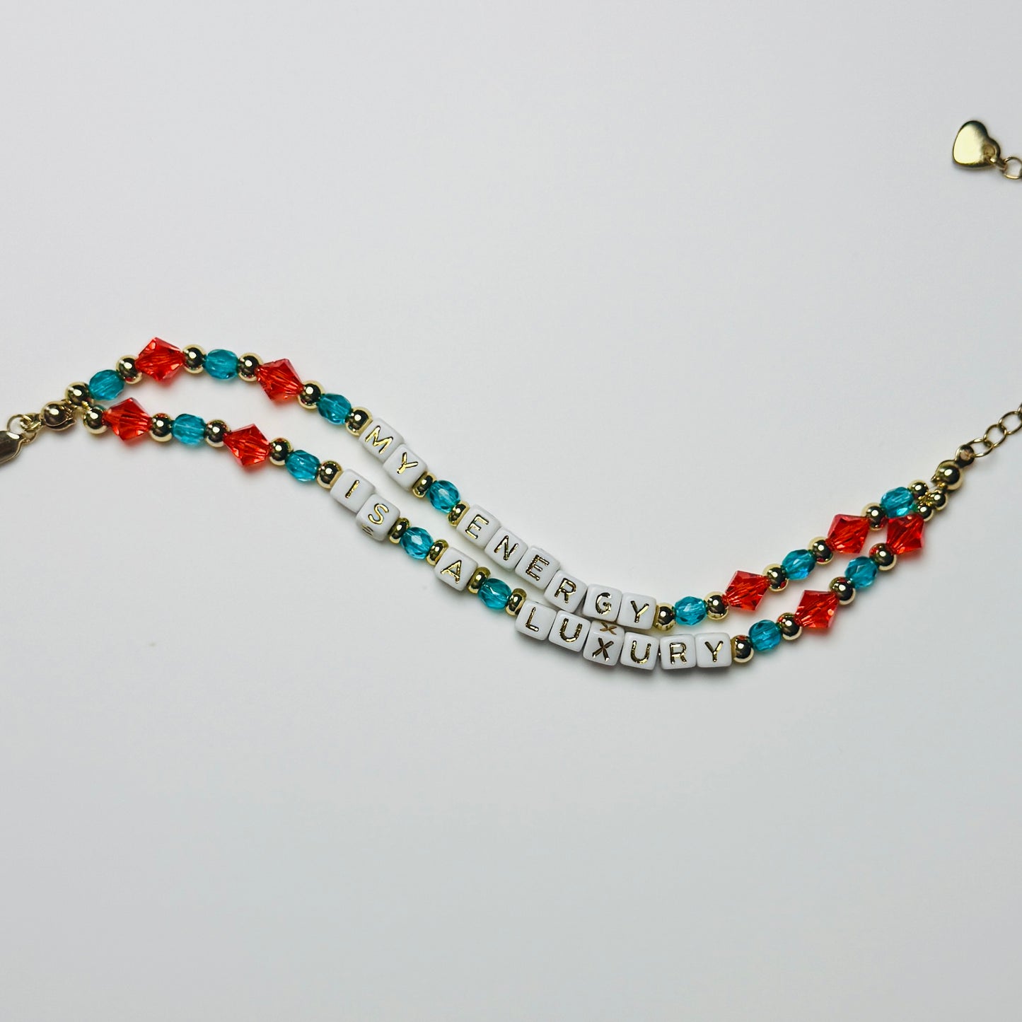 My Energy Is Luxury – Double-Layer Beaded Affirmation Bracelet, Handmade Inspirational Jewelry, Orange, Teal Green, Showgirl Era