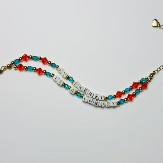 My Energy Is Luxury – Double-Layer Beaded Affirmation Bracelet, Handmade Inspirational Jewelry, Orange, Teal Green, Showgirl Era