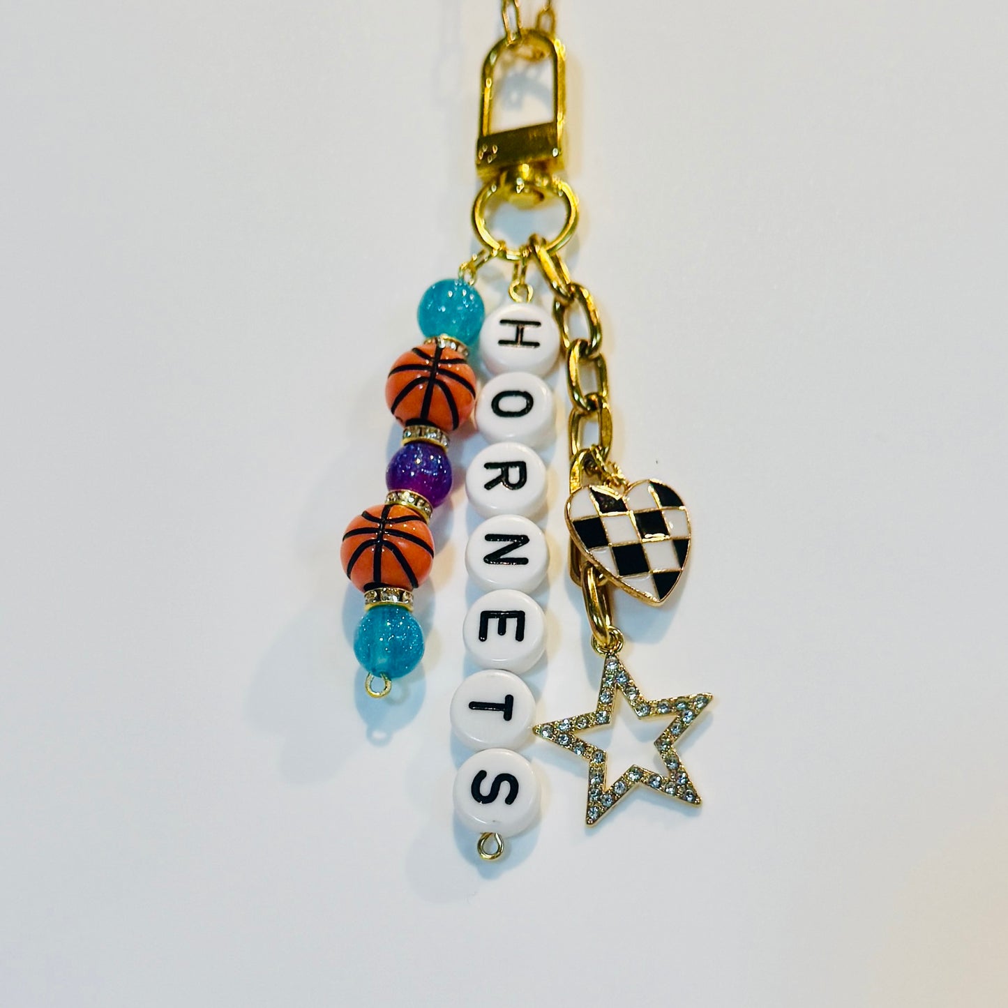 Hornets Basketball Keychain – Gold, Teal, Purple and White Beaded Keychain with Star and Heart Charms