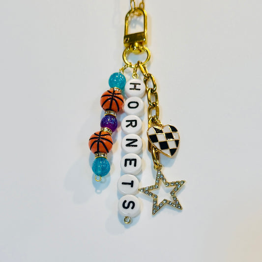 Hornets Basketball Keychain – Gold, Teal, Purple and White Beaded Keychain with Star and Heart Charms