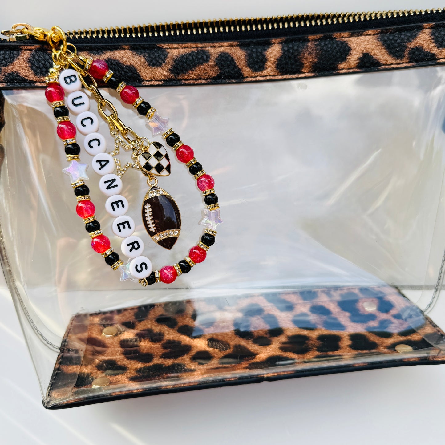Buccaneers Beaded Bag Charm or Gold Chain:  Football Purse Accessory