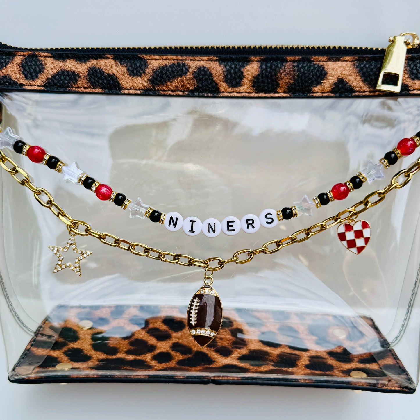 Niners Beaded Bag Charm or Gold Chain – Red & Black Football Purse Accessory, 6” Charm, 12.5” Chain, Game Day Bag Jewelry