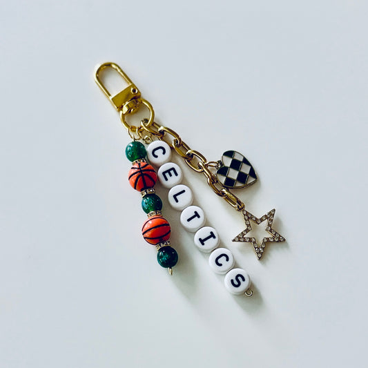 Celtics Basketball Keychain – Gold, Green Beaded Keychain with Star and Heart Charms