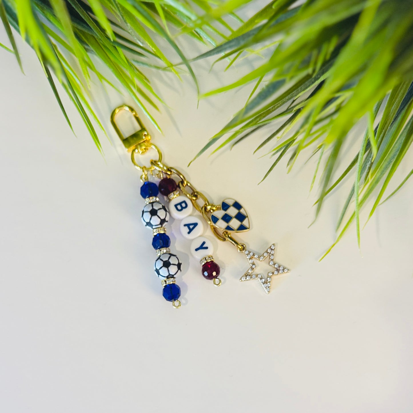 Bay Soccer Bag Charm: Blue and Red Beaded Keychain, Gold Keychain with Star and Heart Charms