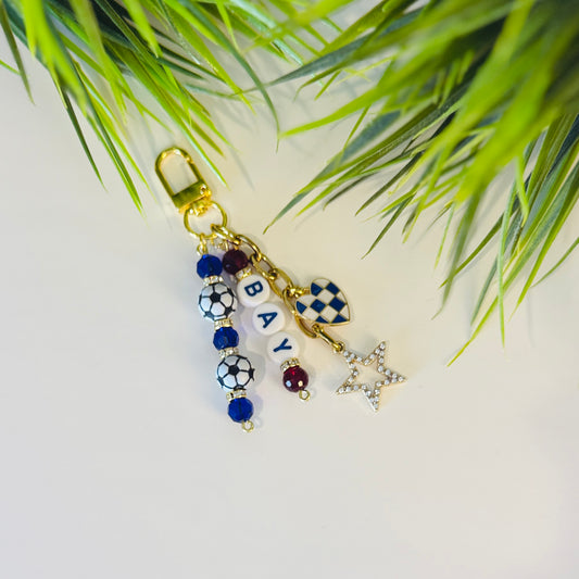 Bay Soccer Bag Charm: Blue and Red Beaded Keychain, Gold Keychain with Star and Heart Charms
