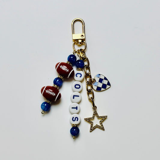 Colts Football Beaded Keychain – Gold Bag Charm with Letter Beads, Football Beads, & Enamel Heart