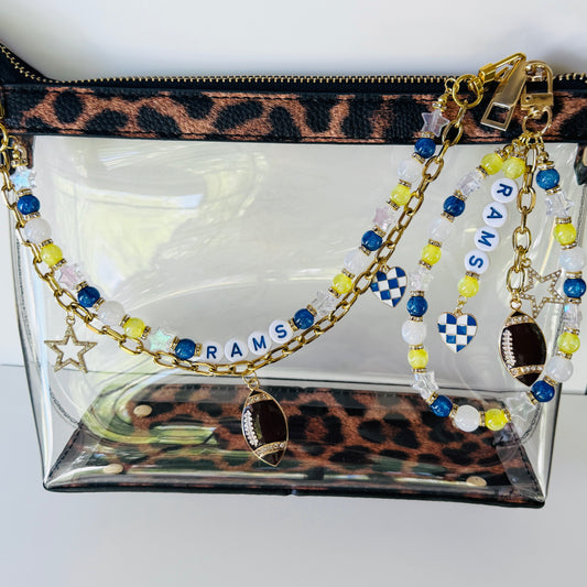 RAMS Bag Charm or Beaded Chain – Handmade Beaded Accessory, Clear Stadium Bag Game Day Jewelry, Football Fan Gift