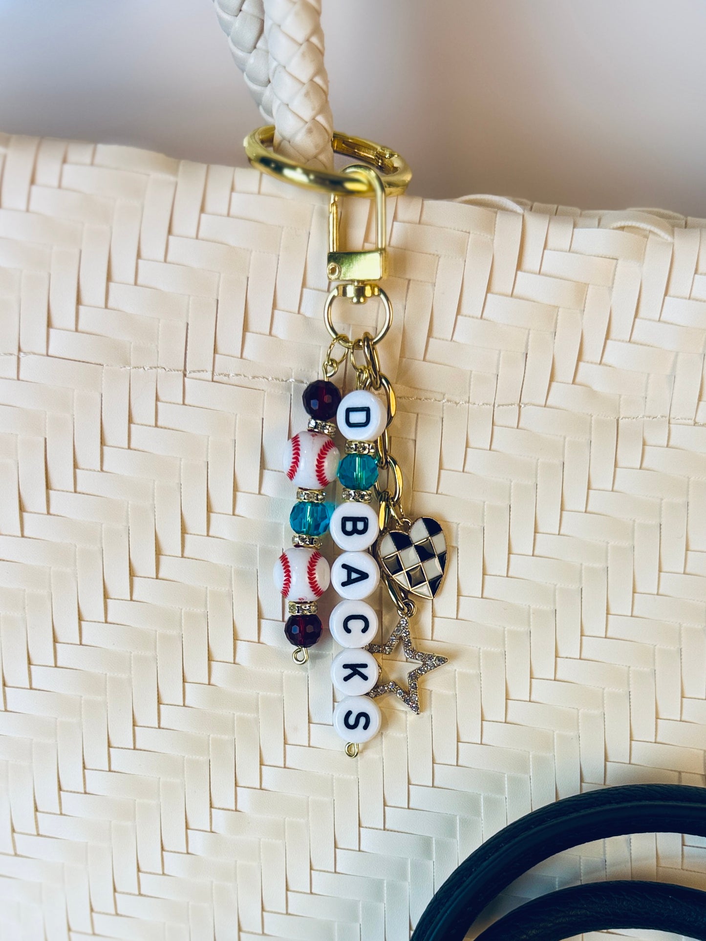 Baseball Beaded Bag Charm: Baseball Keychain with Letter Beads