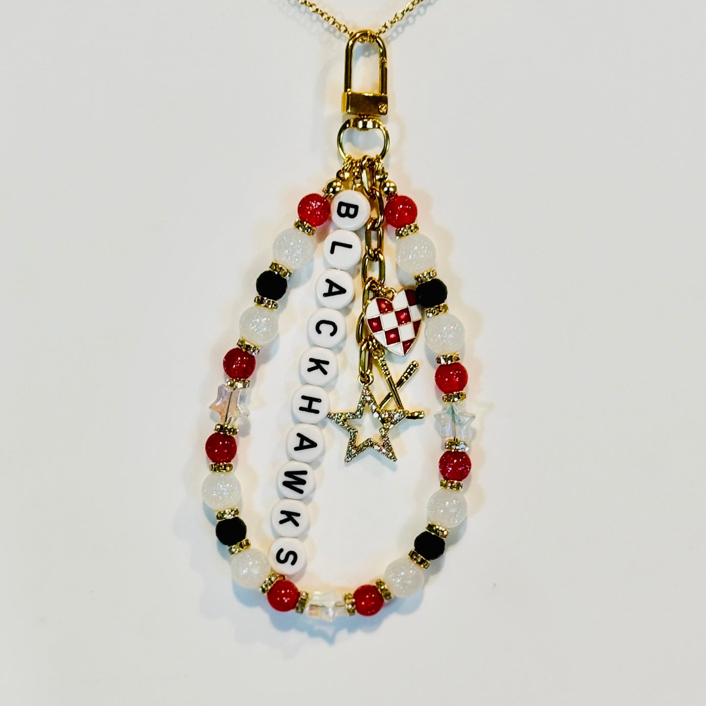 Blackhawks Hockey Bag Charm: Red and Black Beaded Keychain with Hockey Charms