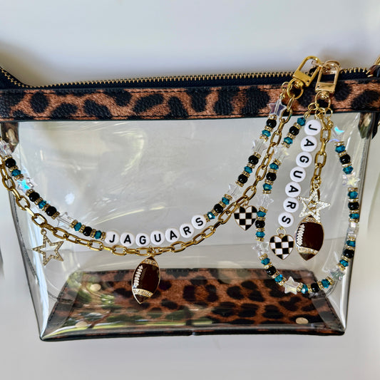 Jaguars Football Bag Charm or Chain – Teal Black Gold Beaded Keychain or Stadium Purse Clip – Game Day Accessory – Handmade Gift