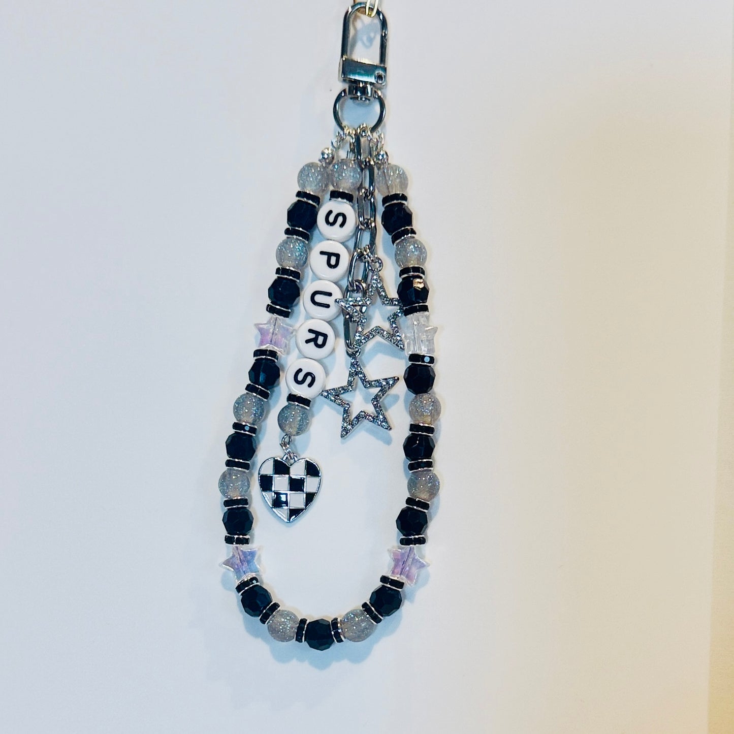 Spurs Basketball Bag Charm: Handmade Silver, Black and White Beaded Keychain with Charms