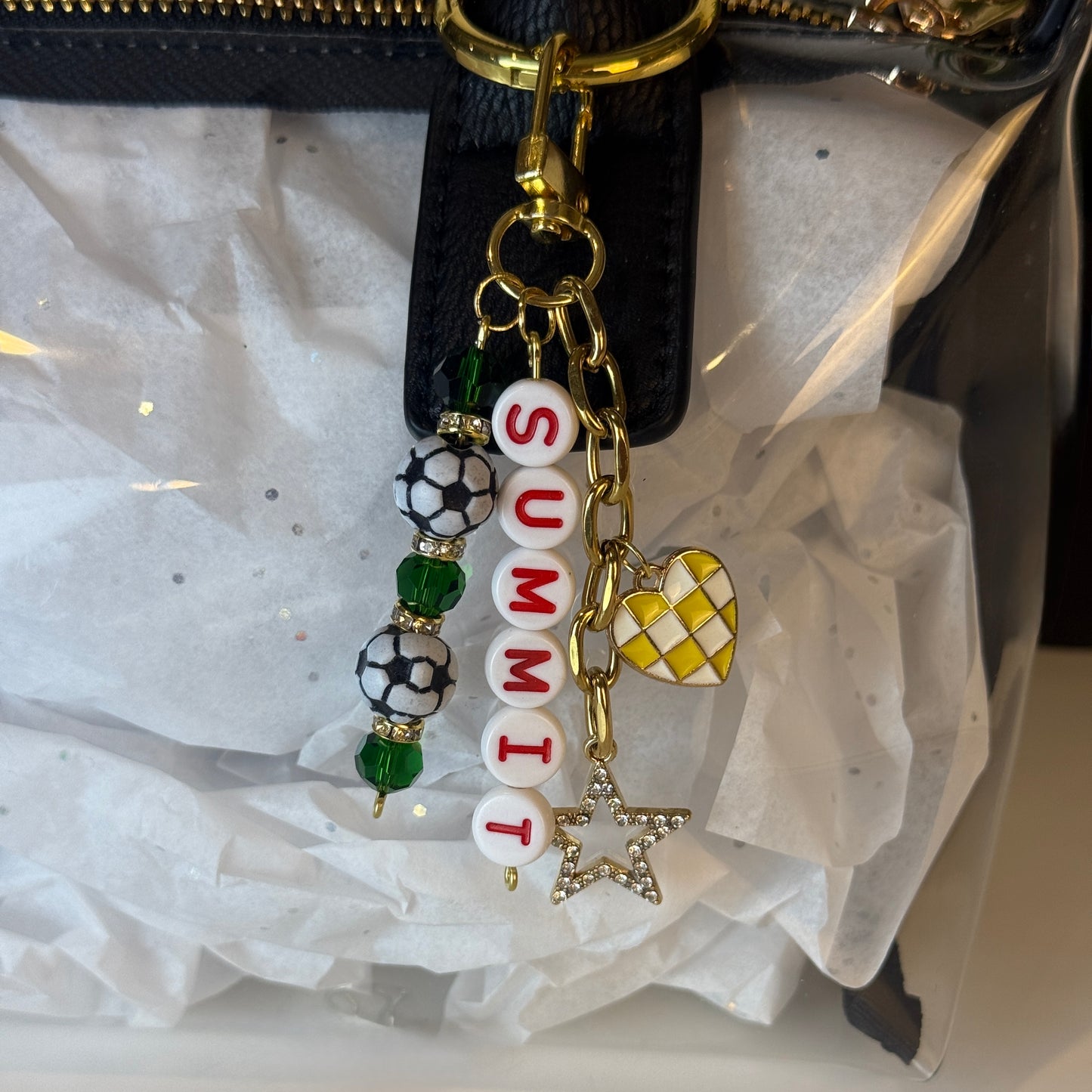 Summit Soccer Bag Charm: Green and Red Beaded Keychain, Gold Keychain with Star and Heart Charms